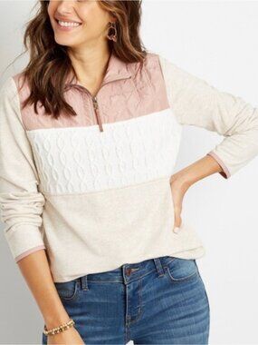 Maurices Pink and Cream Colorblock Quarter Zip Sweater | L